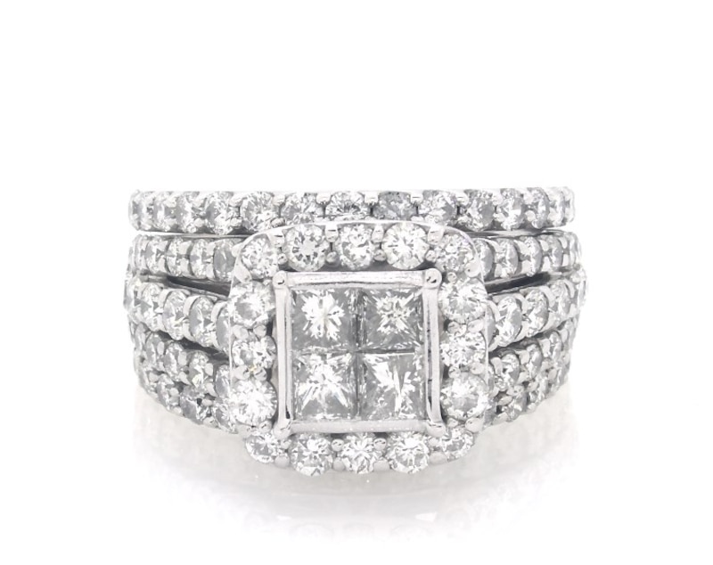 Main Image 1 of Previously Owned Princess-Cut Quad Diamond Halo Bridal Set 3-7/8 ct tw 14K White Gold Size 8.25