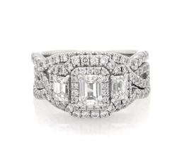 Previously Owned Neil Lane Emerald-Cut Lab-Grown Diamond Three-Stone Halo Bridal Set 2 ct tw 14K White Gold Size 5.75