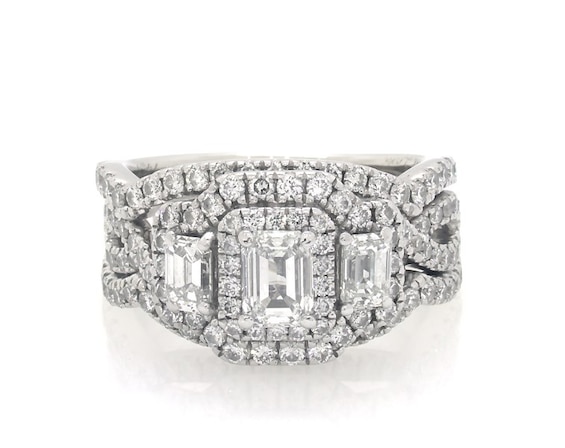 Previously Owned Neil Lane Emerald-Cut Lab-Grown Diamond Three-Stone Halo Bridal Set 2 ct tw 14K White Gold 5.75