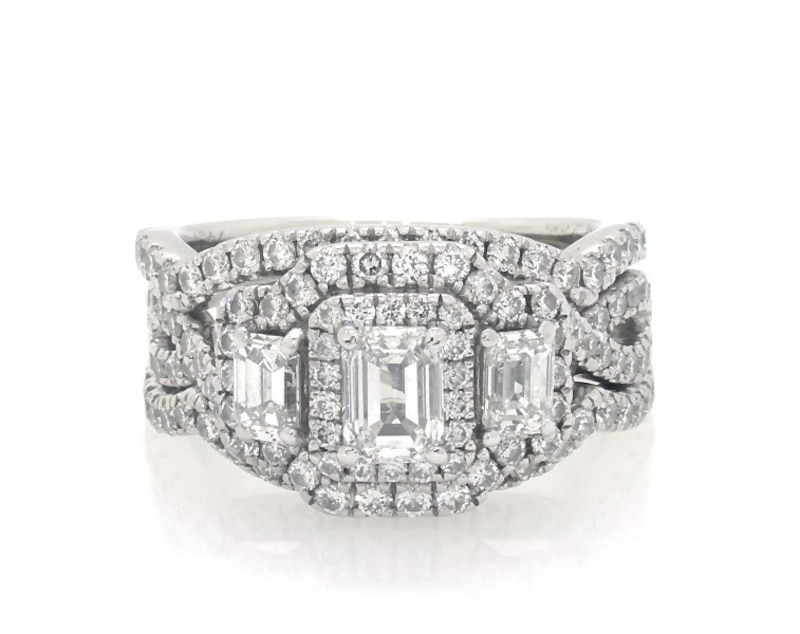 Main Image 1 of Previously Owned Neil Lane Emerald-Cut Lab-Grown Diamond Three-Stone Halo Bridal Set 2 ct tw 14K White Gold Size 5.75