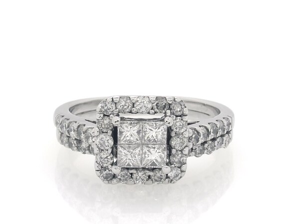 Previously Owned Princess-Cut Quad Diamond Halo Bridal Set 1-1/5 ct tw 14K White Gold Size