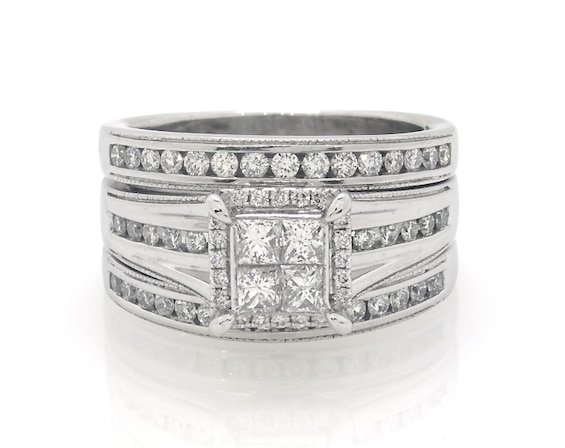 Previously Owned Princess-Cut Quad Diamond Halo Bridal Set 1-1/6 ct tw 14K White Gold Size 8