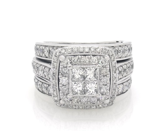 Previously Owned Princess-Cut Quad Diamond Double Halo Bridal Set 1-/ ct tw 14K White Gold Size 7