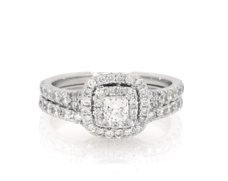 Main Image 1 of Previously Owned Neil Lane Princess-Cut Diamond Double Halo Bridal Set 1-1/3 ct tw 14K White Gold Size 6.5