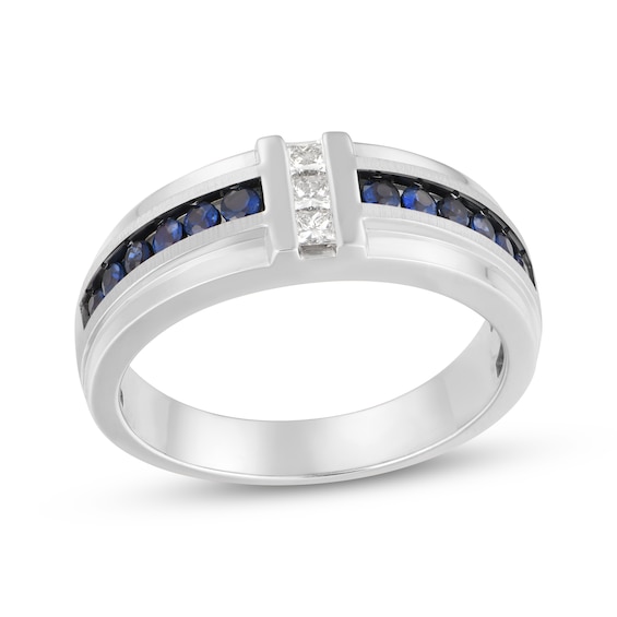 Previously Owned Men's Diamond & Natural Blue Sapphire Wedding Band 1/5 ct tw 10K White Gold