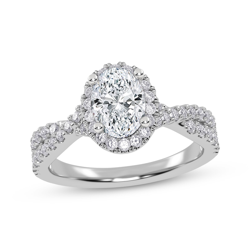 Main Image 1 of Previously Owned Oval-Cut Lab-Grown Diamond Halo Engagement Ring 1-1/4 ct tw 14K White Gold