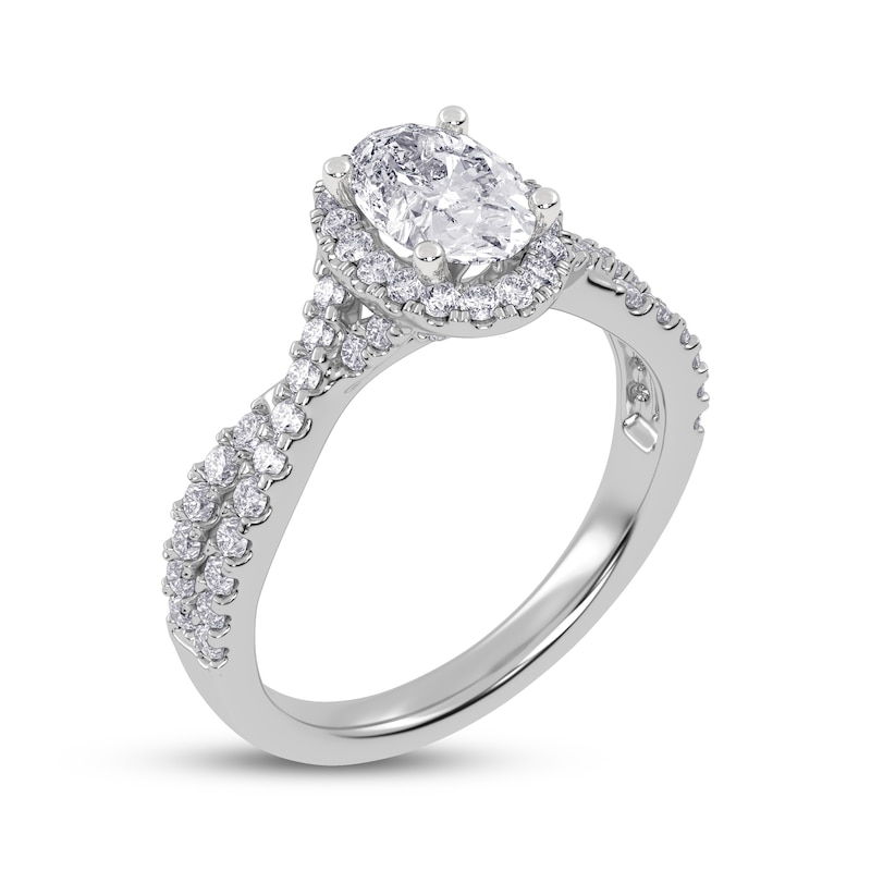 Main Image 2 of Previously Owned Oval-Cut Lab-Grown Diamond Halo Engagement Ring 1-1/4 ct tw 14K White Gold
