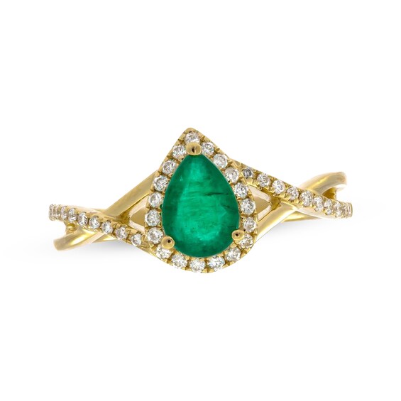 Previously Owned Pear-Shaped Emerald & Diamond Halo Ring 1/5 ct tw 10K Yellow Gold