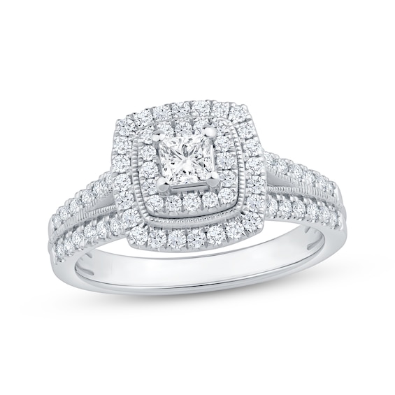 Previously Owned Princess-Cut Diamond Double Halo Engagement Ring 3/4 ct tw 14K White Gold