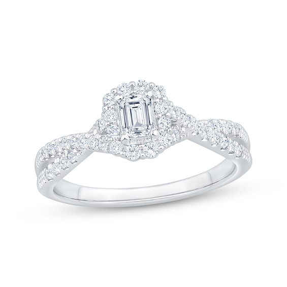 Previously Owned Lab-Grown Diamonds Emerald-Cut Halo Engagement Ring 1/2 ct tw 14K White Gold
