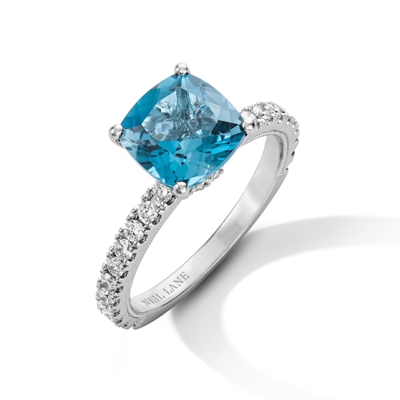 Previously Owned Neil Lane Cushion-Cut London Blue Topaz Engagement Ring 1/2 ct tw Diamond 14K White Gold