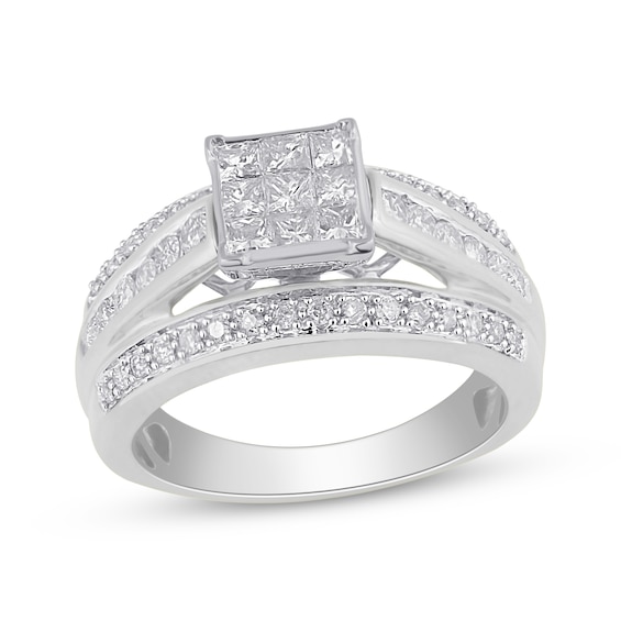 Previously Owned Princess-Cut Multi-Diamond Center Engagement Ring 1 ct tw 10K White Gold