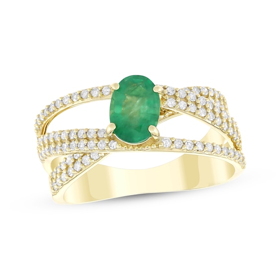 Previously Owned Oval-Cut Natural Emerald & Diamond Crossover Ring 3/8 ct tw 10K Yellow Gold