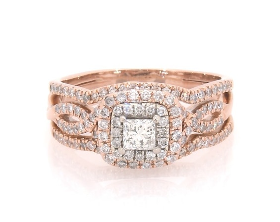 Previously Owned Princess-Cut Diamond Double Halo Bridal Set 7/8 ct tw 14K Two-Tone Gold Size 8.5