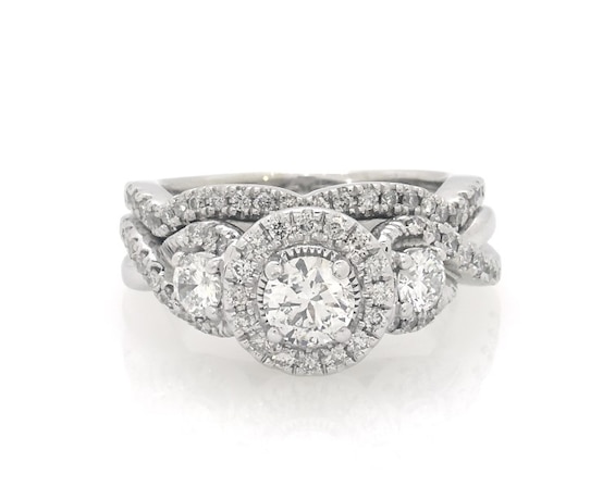 Previously Owned Round-Cut Diamond Halo Three-Stone Bridal Set ct tw 14K White Gold Size