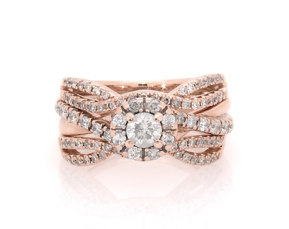 Previously Owned Round-Cut Diamond Halo Bridal Set 3/4 ct tw 10K & 14K Rose Gold Size 4.25