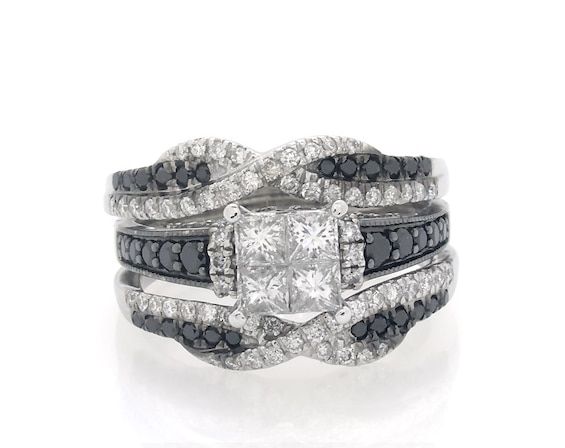 Previously Owned Black & White Diamond Princess-Cut Quad Bridal Set 1-3/8 ct tw 14K White Gold Size 6.75