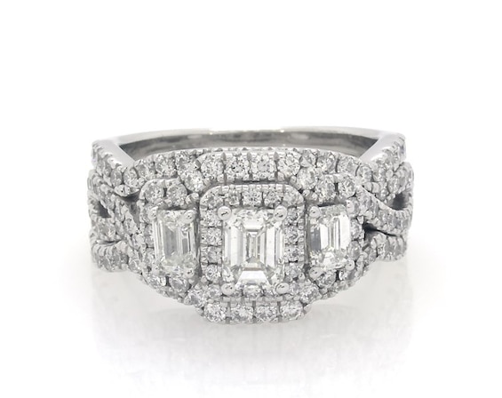 Previously Owned Neil Lane Emerald-Cut Diamond Three-Stone Halo Bridal Set 2 ct tw 14K White Gold Size 5.75