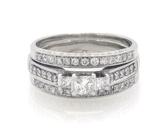 Previously Owned Princess-Cut Diamond Three-Stone Bridal Set 1-1/4 ct tw 14K White Gold Size 11