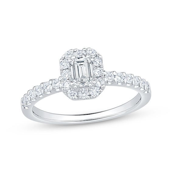 Previously Owned Emerald-Cut Diamond Halo Engagement Ring 3/4 ct tw 14K White Gold
