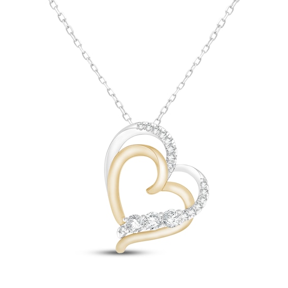 Previously Owned Memories Moments Magic Lab-Grown Diamond Double Heart Necklace 1/2 ct tw 10K Two-Tone Gold 18"