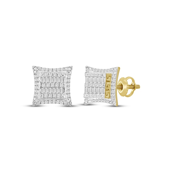 Previously Owned Men's Baguette & Round-Cut Diamond Greek Key Stud Earrings 1/4 ct tw 10K Yellow Gold