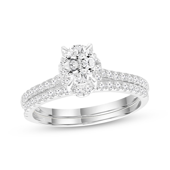 Previously Owned Oval-Cut Lab-Grown Diamond Halo Bridal Set 1 ct tw 14K White Gold