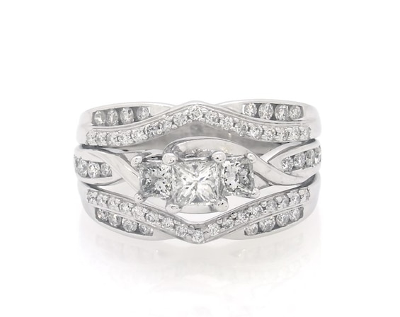 Previously Owned Princess-Cut Diamond Three-Stone Bridal Set 3/4 ct tw 14K White Gold Size 5