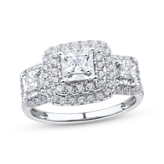 Previously Owned Princess-Cut Diamond Three-Stone Halo Engagement Ring 1 ct tw 10K White Gold