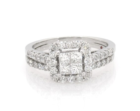 Previously Owned Princess-Cut Quad Diamond Halo Bridal Set 1-1/5 ct tw 14K White Gold Size
