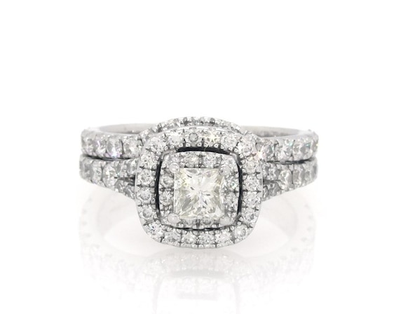 Previously Owned Neil Lane Princess-Cut Diamond Double Halo Bridal Set 1-1/3 ct tw 14K White Gold Size 4.5