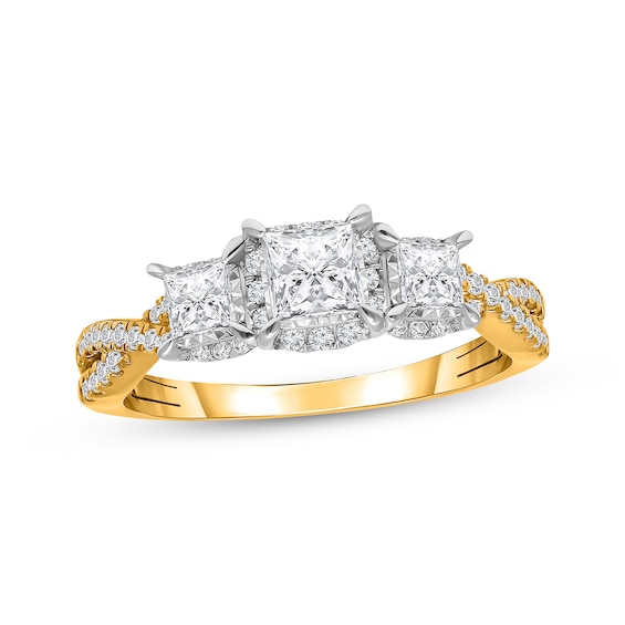 Previously Owned Memories, Moments, Magic Princess-Cut Diamond Halo Three-Stone Engagement Ring 1 ct tw 10K Yellow Gold
