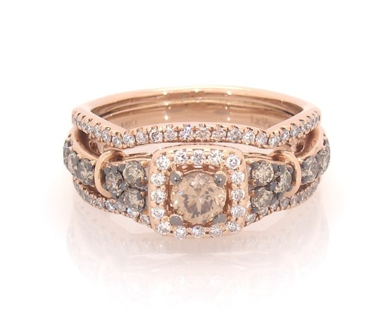 Previously Owned Round-Cut Brown & White Diamond Bridal Set 1 ct tw 14K Rose Gold 7