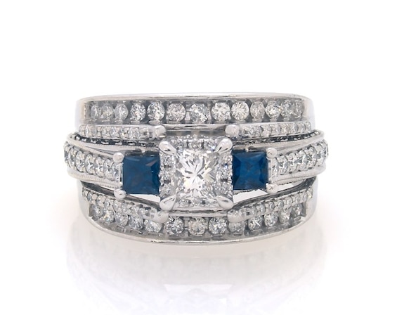 Previously Owned Princess-Cut Diamond & Sapphire Bridal Set 1-3/8 ct tw 14K White Gold Size 7