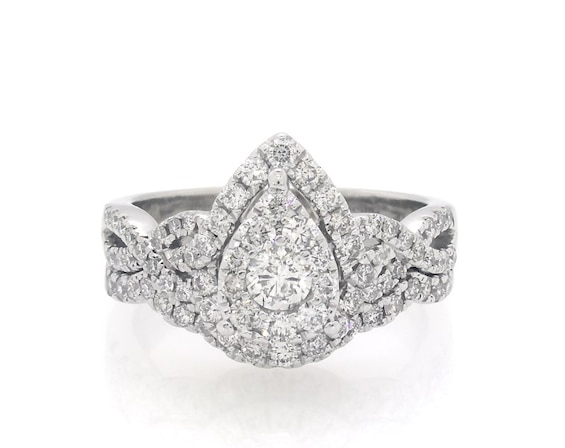 Previously Owned Multi-Diamond Pear Frame Halo Diamond Bridal Set 1-1/5 ct tw 14K White Gold Size 8