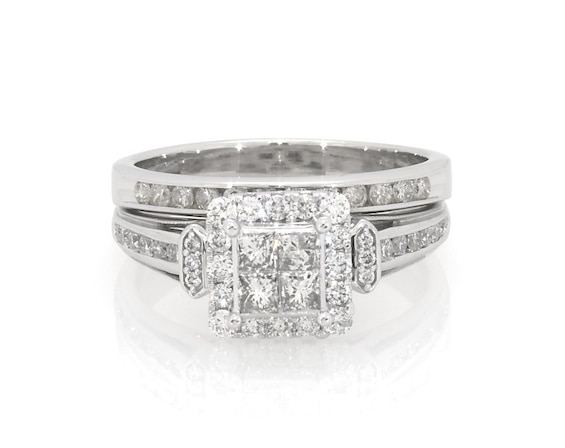 Previously Owned Princess-Cut Quad Diamond Halo Bridal Set 7/8 ct tw 10K & 14K White Gold Size 8.5