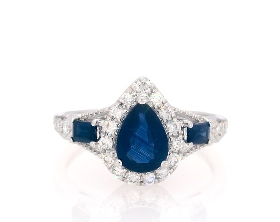 Previously Owned Pear-Shaped & Baguette-Cut Blue Sapphire & Diamond Ring 1/5 ct tw 10K White Gold