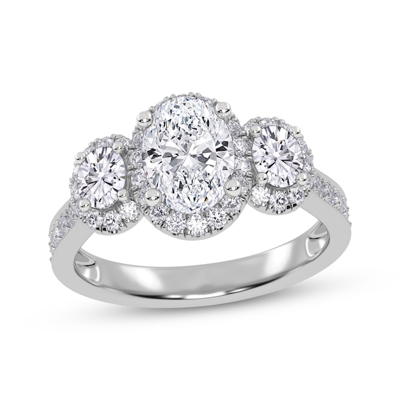 Previously Owned Memories Moments Magic Oval-Cut Lab-Grown Diamond Three-Stone Halo Engagement Ring 1-1/2 ct tw 14K White Gold