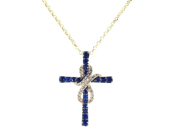 Previously Owned Le Vian Blue Sapphire Cross Necklace 5/8 ct tw Diamonds 14K Honey Gold 19"