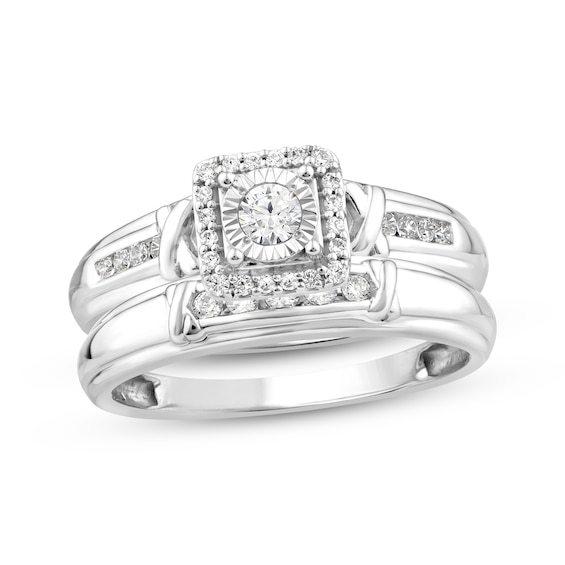 Previously Owned Round-Cut Diamond Cushion Halo "X" Engagement Ring 1/4 ct tw 10K White Gold