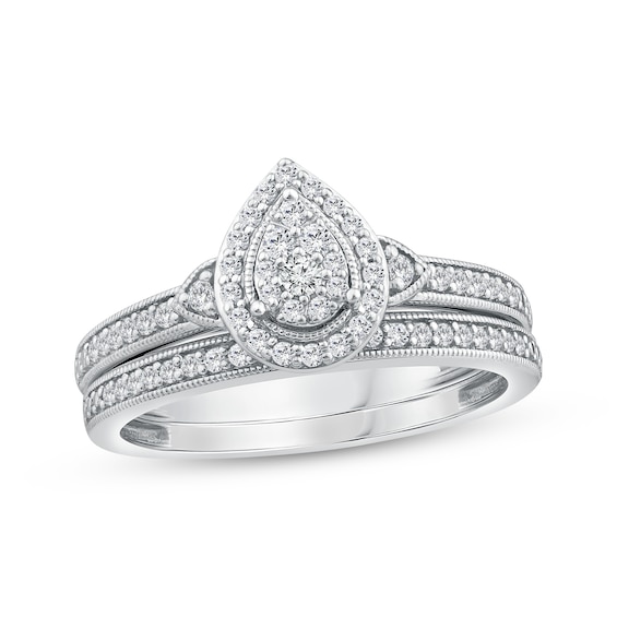Previously Owned Multi-Diamond Pear-Shape Milgrain Bridal Set 1/3 ct tw 10K White Gold