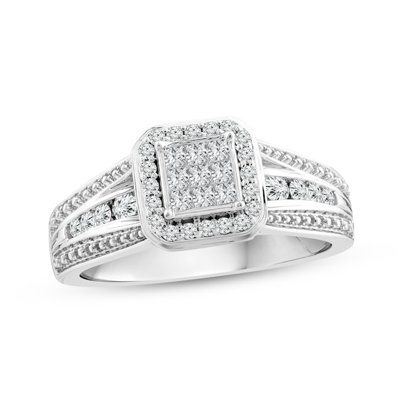 Previously Owned Princess & Round-Cut Multi-Diamond Center Engagement Ring 3/8 ct tw 10K White Gold