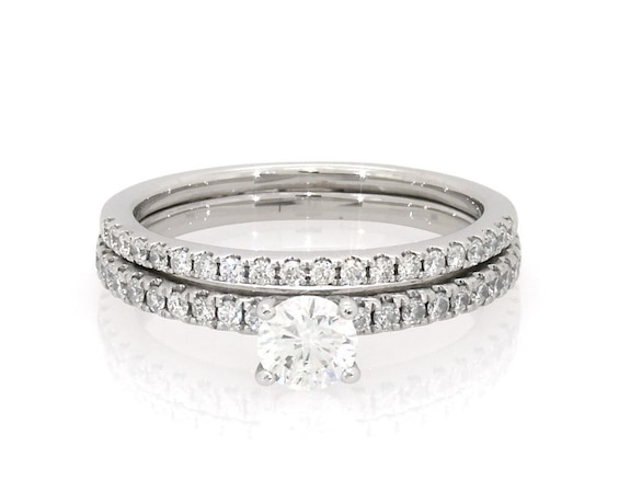Previously Owned THE LEO First Light® Diamond Round-Cut Bridal Set 7/8 ct tw 14K White Gold Size 8