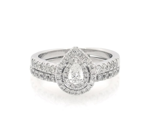 Previously Owned Pear-Shaped Diamond Double Halo Bridal Set 5/8 ct tw 10K & 14K White Gold Size 5.5