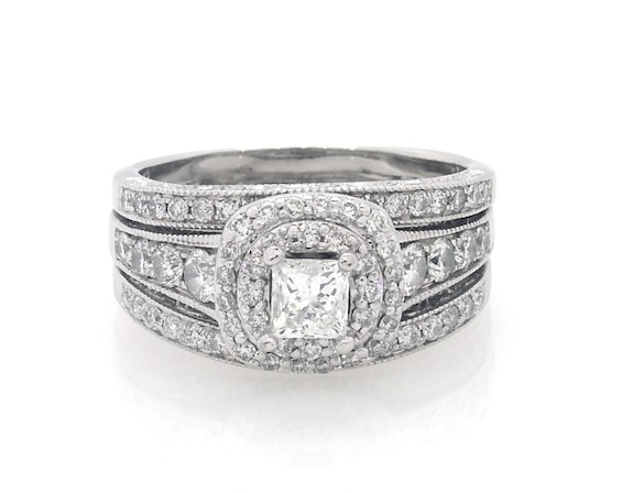 Previously Owned Princess-Cut Diamond Double Halo Bridal Set 1-5/8 ct tw 14K White Gold Size 8
