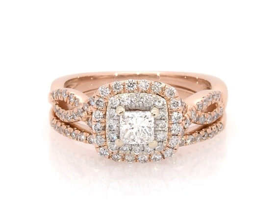 Previously Owned Princess-Cut Diamond Double Halo Bridal Set 7/8 ct tw 14K Two-Tone Gold Size 5.5
