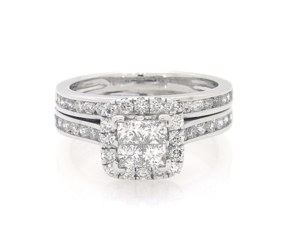 Previously Owned Princess-Cut Quad Diamond Halo Bridal Set 1-1/5 ct tw 14K White Gold Size 5