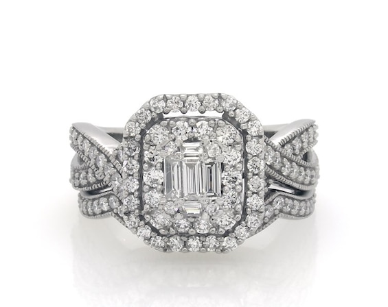 Previously Owned Baguette-Cut Diamond Double Halo Bridal Set 1-1/8 ct tw 14K White Gold Size