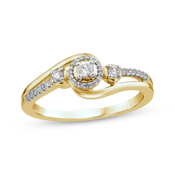 Previously Owned Memories, Moments, Magic Diamond Three-Stone Halo Promise Ring 1/5 ct tw 10K Yellow Gold