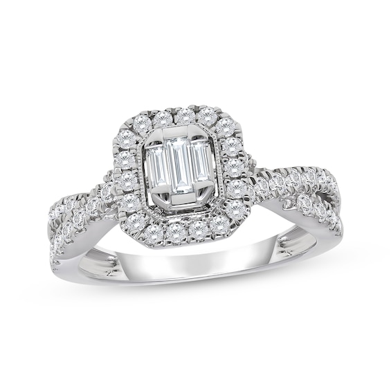 Previously Owned Baguette-Cut Multi-Diamond Halo Engagement Ring 3/4 ct tw 14K White Gold